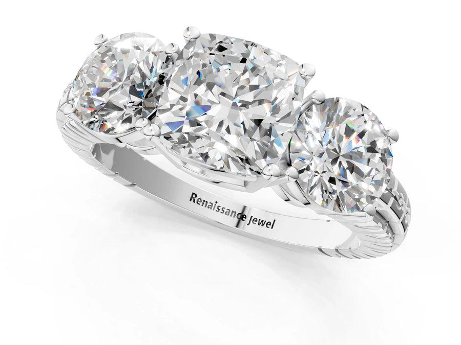 White gold Three-Stone Cushion Cut Diamond Ring with Channel-Set Band and Prong Setting