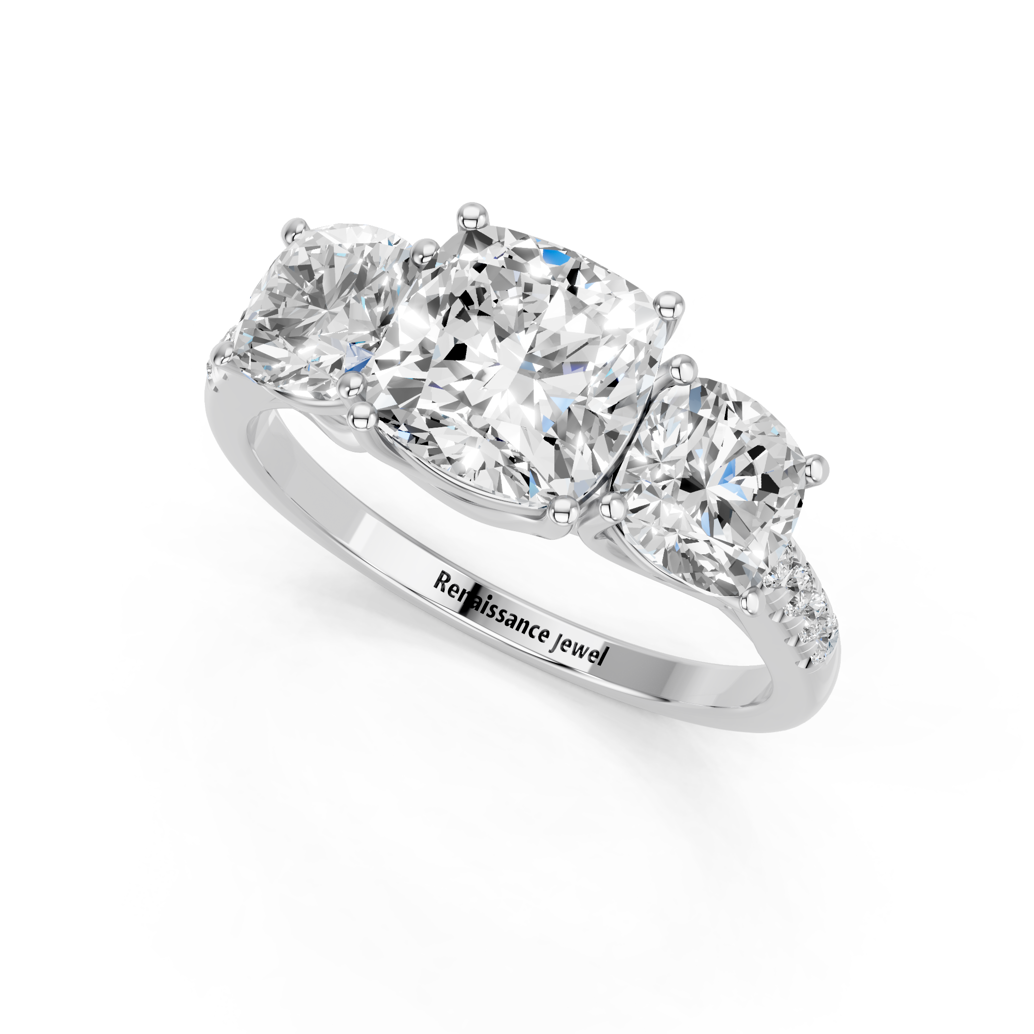 White gold Three-Stone Cushion Cut Diamond Ring with Pavé Band and Prong Setting_11