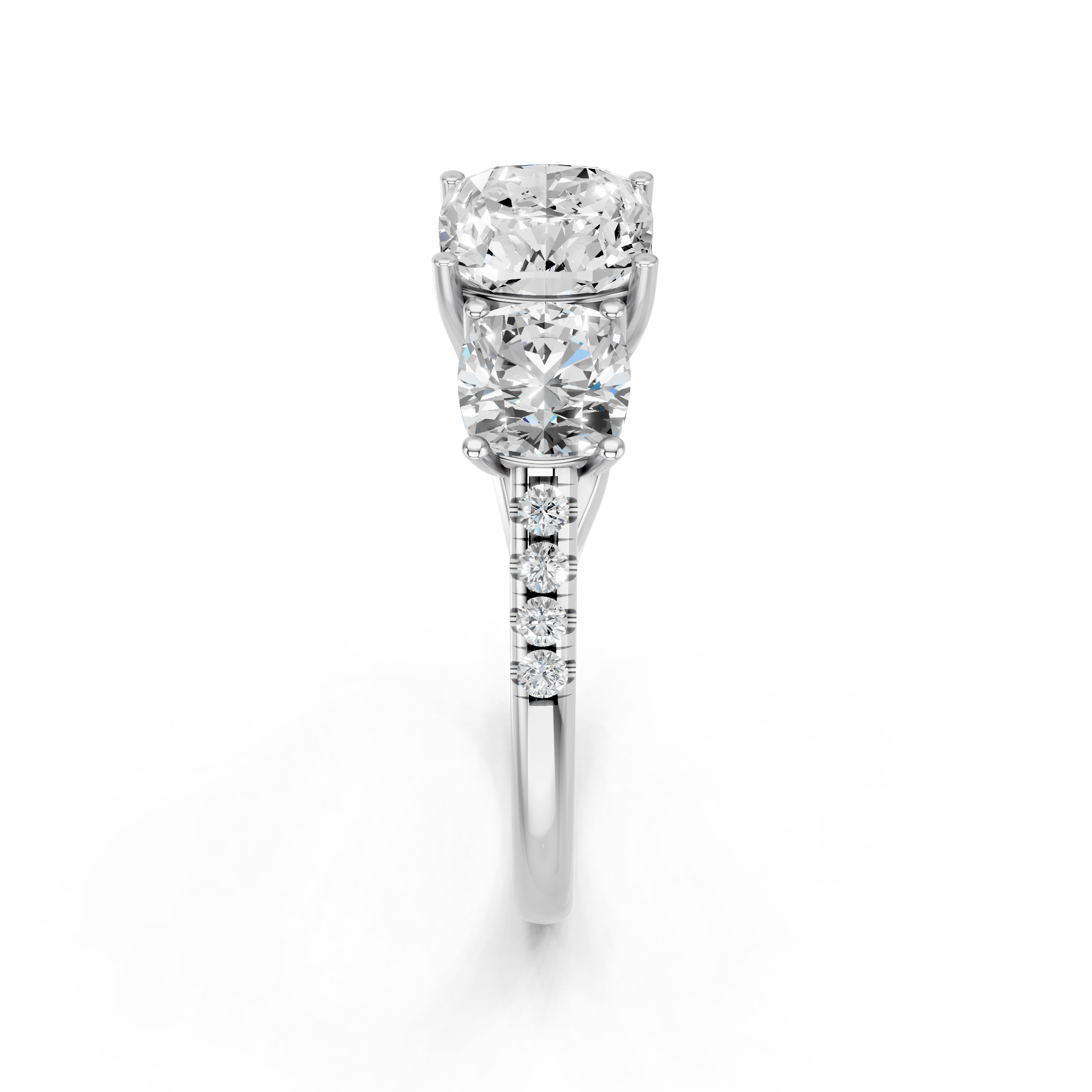 White gold Three-Stone Cushion Cut Diamond Ring with Pavé Band and Prong Setting_12