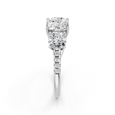 White gold Three-Stone Cushion Cut Diamond Ring with Pavé Band and Prong Setting_12