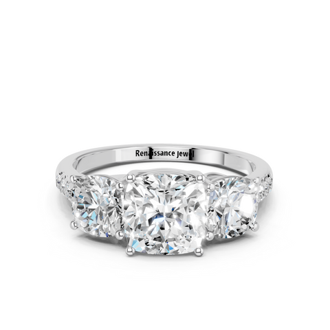 White gold Three-Stone Cushion Cut Diamond Ring with Pavé Band and Prong Setting_19