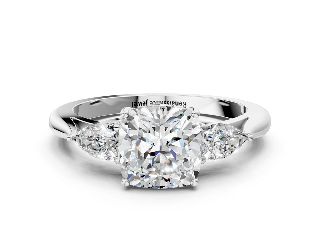 White gold Three-Stone Cushion Cut Diamond Ring with Pear  Side Stones in Four-Prong Setting_16