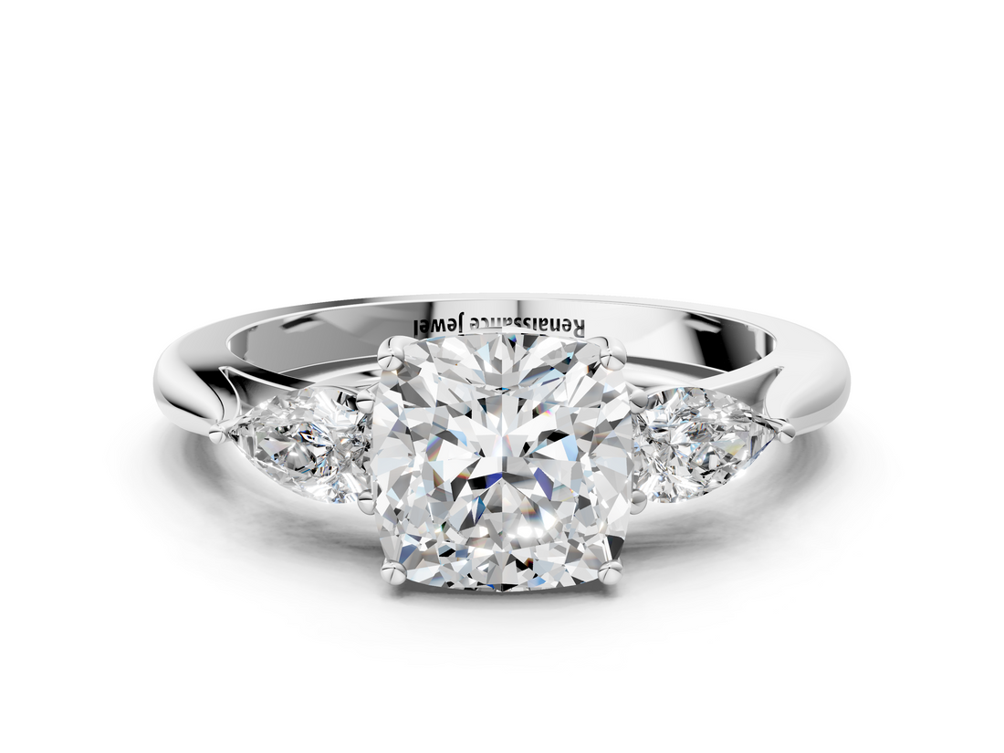 White gold Three-Stone Cushion Cut Diamond Ring with Pear Side Stones in Four-Prong Setting_197