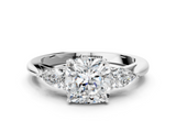White gold Three-Stone Cushion Cut Diamond Ring with Pear Side Stones in Four-Prong Setting_197