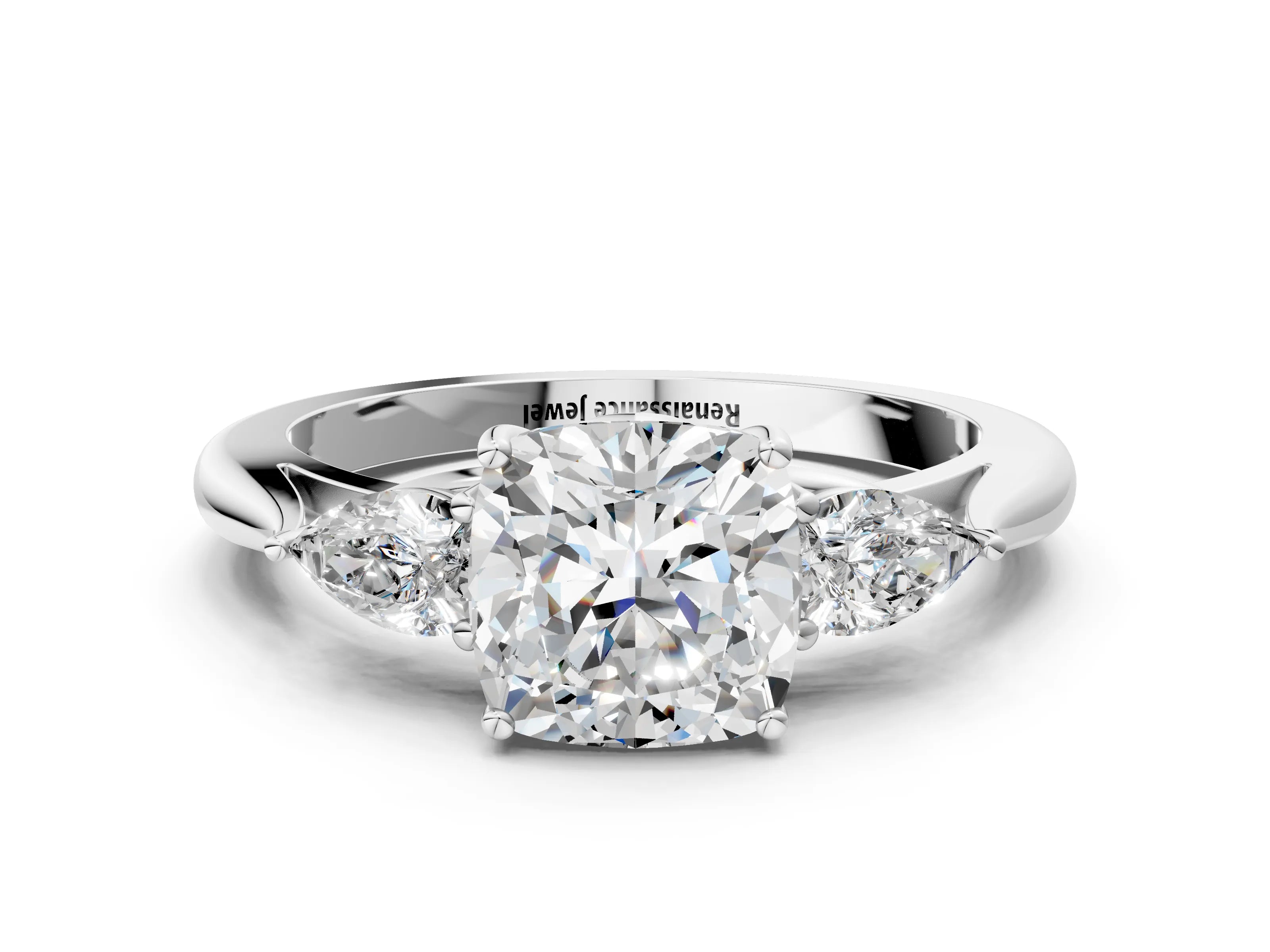 White Gold Cushion Cut Engagement Ring with Pear Side Stones