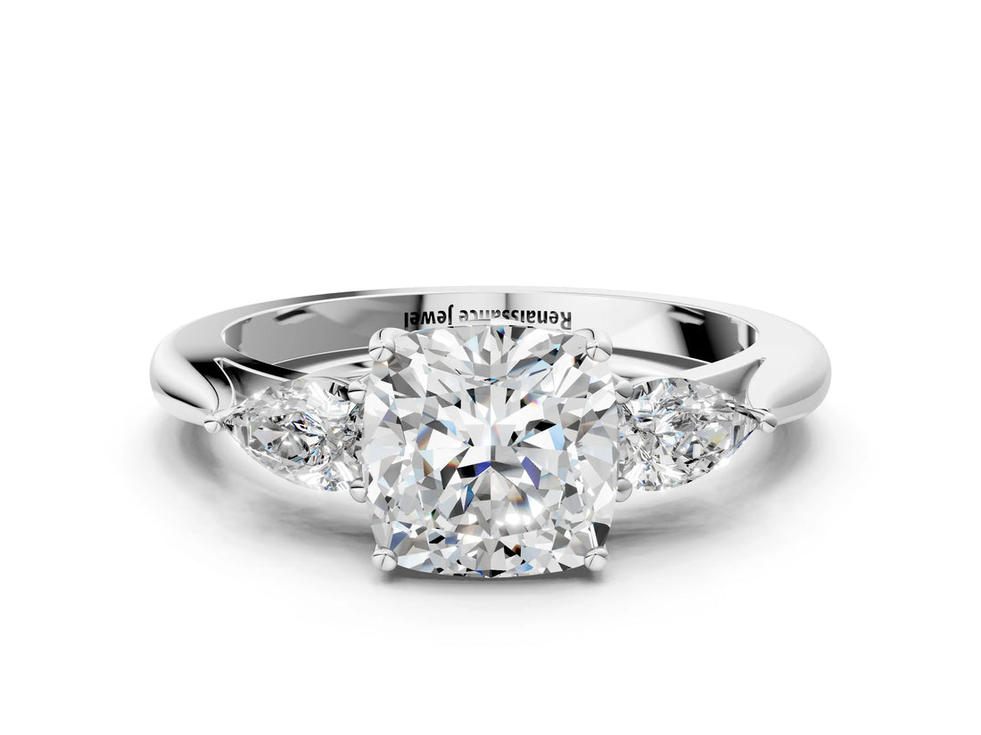 White gold Three-Stone Cushion Cut Diamond Ring with Pear  Side Stones in Four-Prong Setting_52