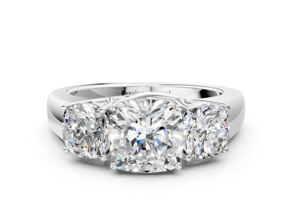 White gold Three-Stone Cushion Cut Diamond Ring with Prong Setting and Classic Band