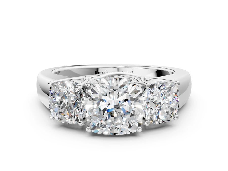 White gold Three-Stone Cushion Cut Diamond Ring with Prong Setting and Classic Band
