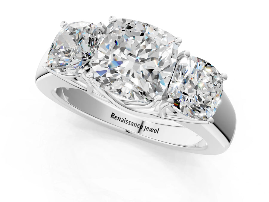 White gold Three-Stone Cushion Cut Diamond Ring with Prong Setting and Classic Band
