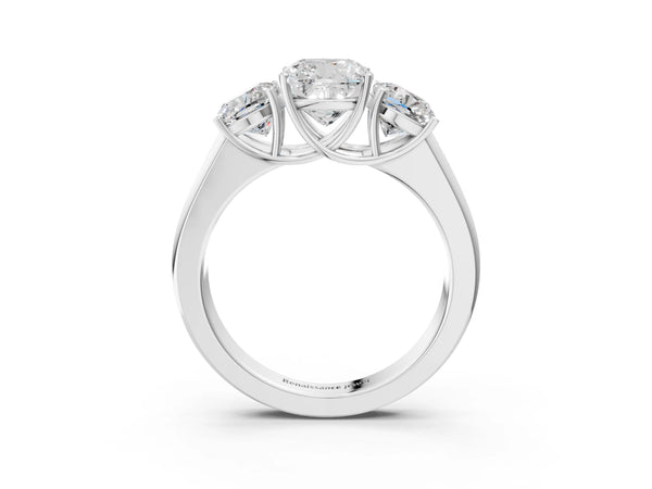 White gold Three-Stone Cushion Cut Diamond Ring with Prong Setting and Classic Band