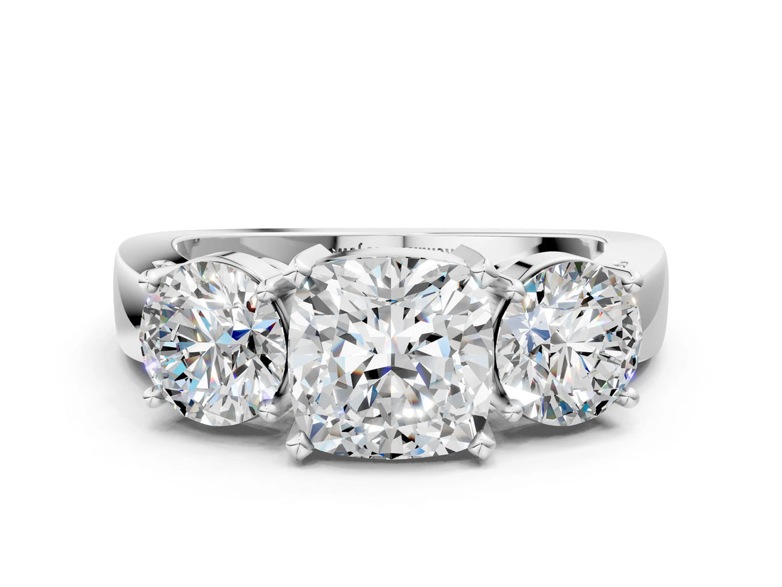 White gold Three-Stone Cushion Cut Diamond Ring with Round Side Stones, Classic Band, and Four-Prong Setting_7