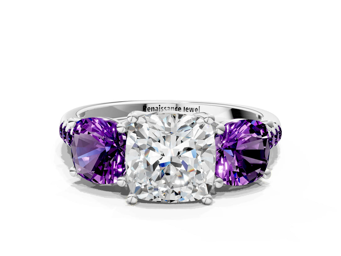 White gold Three-Stone Cushion Cut Diamond Ring with Round with Amethyst side stone Pavé Band and Prong Setting