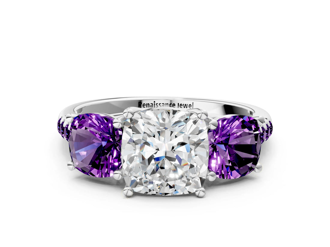 White gold Three-Stone Cushion Cut Diamond Ring with Round with Amethyst side stone Pavé Band and Prong Setting_12