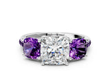 White gold Three-Stone Cushion Cut Diamond Ring with Round with Amethyst side stone Pavé Band and Prong Setting_12