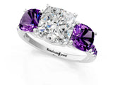 White gold Three-Stone Cushion Cut Diamond Ring with Round with Amethyst side stone Pavé Band and Prong Setting_13