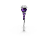 White gold Three-Stone Cushion Cut Diamond Ring with Round with Amethyst side stone Pavé Band and Prong Setting_14