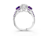 White gold Three-Stone Cushion Cut Diamond Ring with Round with Amethyst side stone Pavé Band and Prong Setting_15
