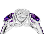 White gold Three-Stone Cushion Cut Diamond Ring with Round with Amethyst side stone Pavé Band and Prong Setting_16