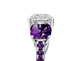 White gold Three-Stone Cushion Cut Diamond Ring with Round with Amethyst side stone Pavé Band and Prong Setting_17