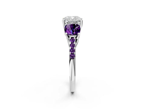 White gold Three-Stone Cushion Cut Diamond Ring with Round with Amethyst side stone Pavé Band and Prong Setting_2