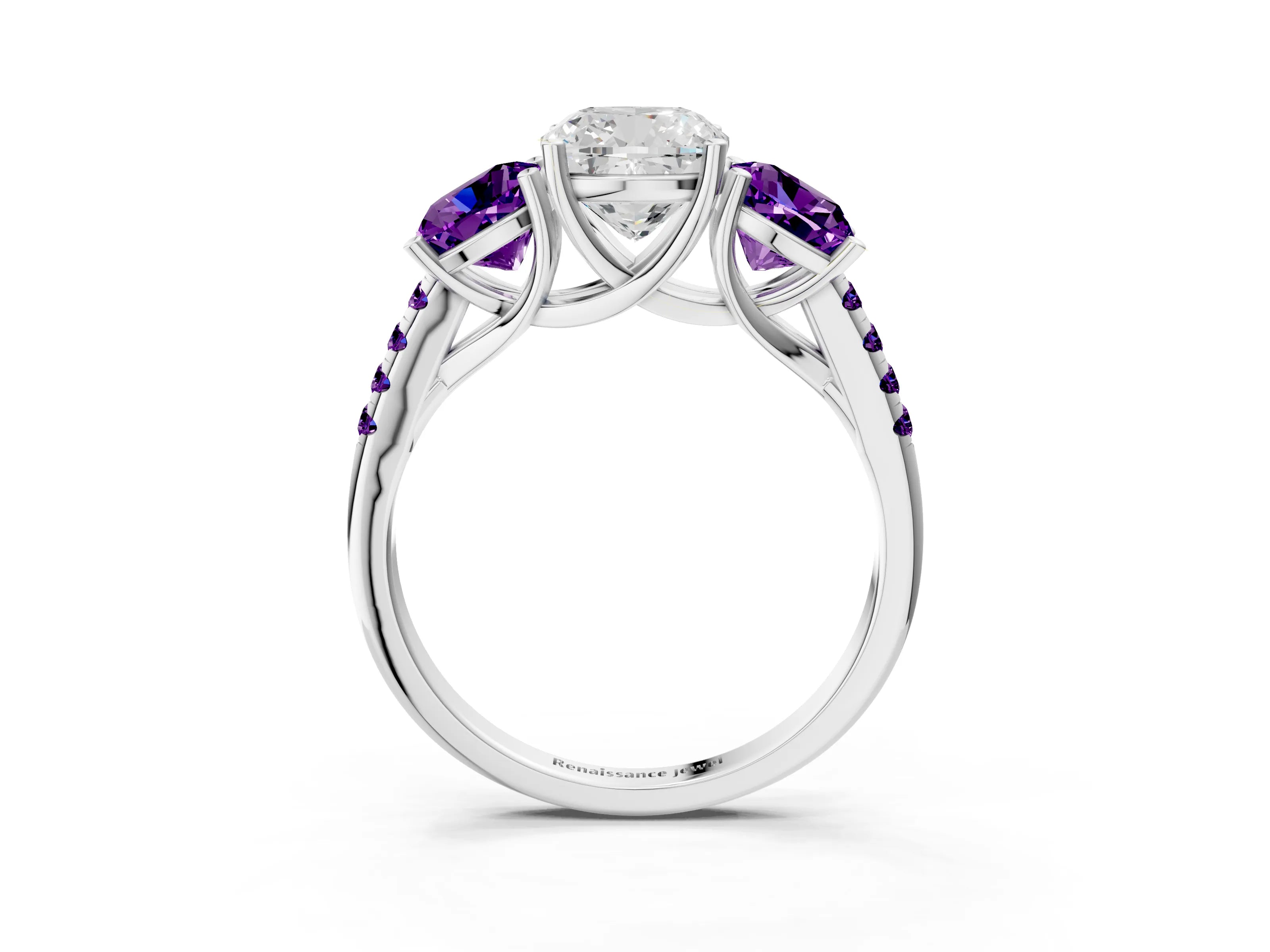White gold Three-Stone Cushion Cut Diamond Ring with Round with Amethyst side stone Pavé Band and Prong Setting_3