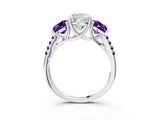 White gold Three-Stone Cushion Cut Diamond Ring with Round with Amethyst side stone Pavé Band and Prong Setting_3