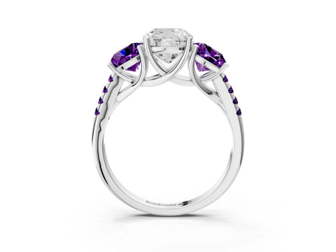 White gold Three-Stone Cushion Cut Diamond Ring with Round with Amethyst side stone Pavé Band and Prong Setting_3