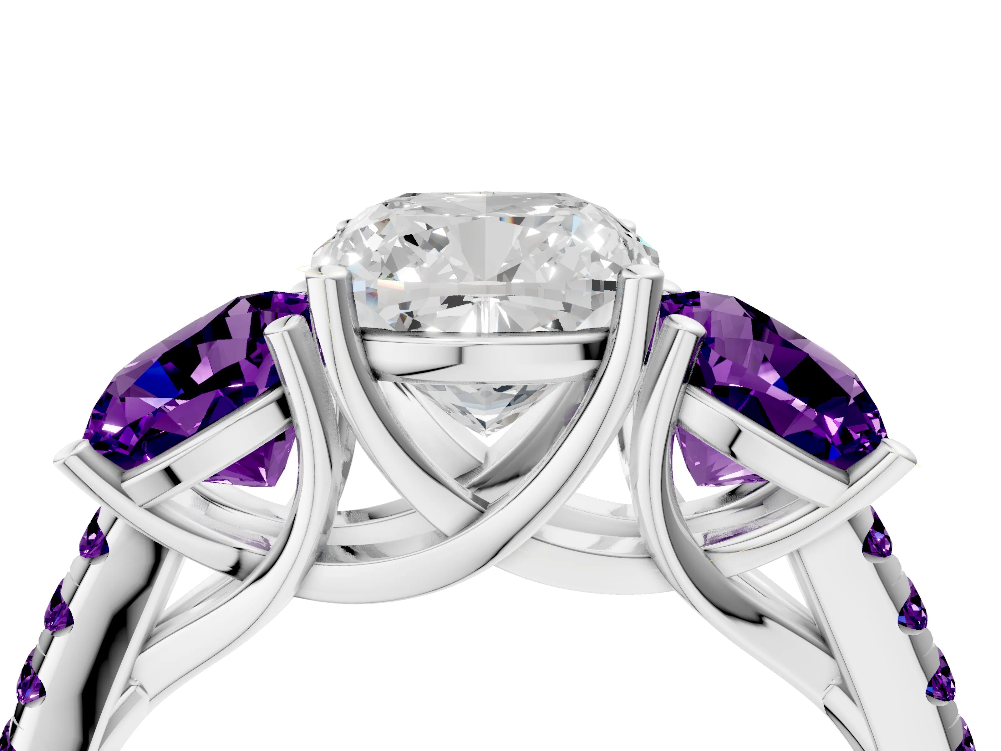 White gold Three-Stone Cushion Cut Diamond Ring with Round with Amethyst side stone Pavé Band and Prong Setting_4