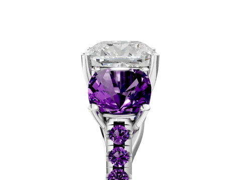 White gold Three-Stone Cushion Cut Diamond Ring with Round with Amethyst side stone Pavé Band and Prong Setting_5