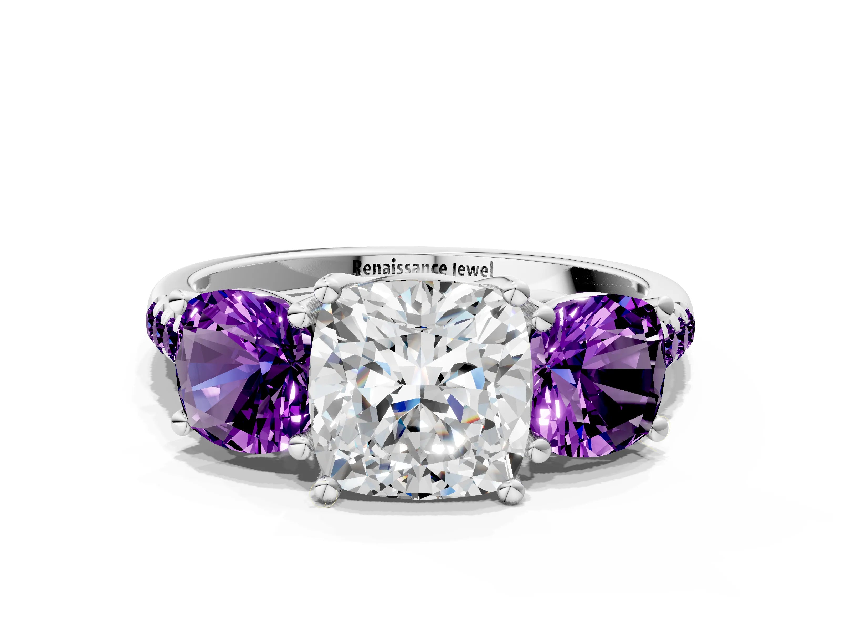 White gold Three-Stone Cushion Cut Diamond Ring with Round with Amethyst side stone Pavé Band and Prong Setting