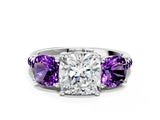 White gold Three-Stone Cushion Cut Diamond Ring with Round with Amethyst side stone Pavé Band and Prong Setting