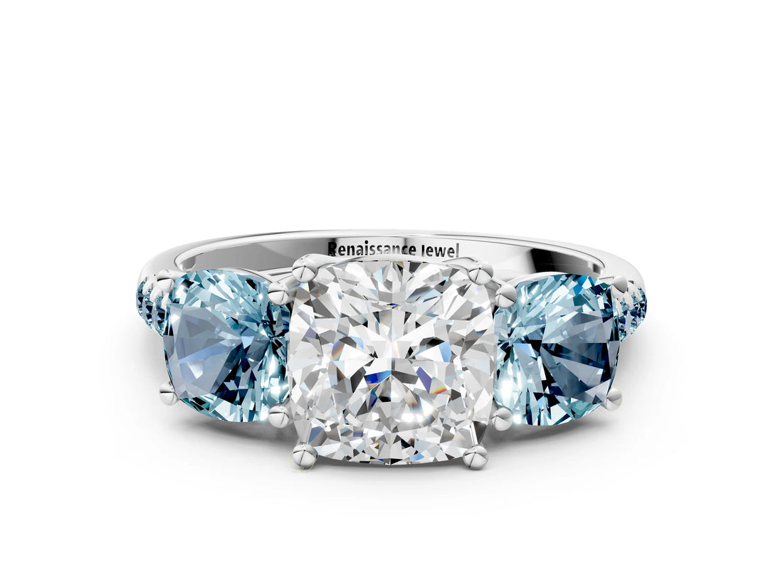 White gold Three-Stone Cushion Cut Diamond Ring with Round with Aquamarine side stone Pavé Band and Prong Setting_12