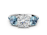 White gold Three-Stone Cushion Cut Diamond Ring with Round with Aquamarine side stone Pavé Band and Prong Setting_12