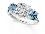 White gold Three-Stone Cushion Cut Diamond Ring with Round with Aquamarine side stone Pavé Band and Prong Setting_13