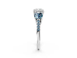 White gold Three-Stone Cushion Cut Diamond Ring with Round with Aquamarine side stone Pavé Band and Prong Setting_14
