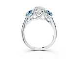 White gold Three-Stone Cushion Cut Diamond Ring with Round with Aquamarine side stone Pavé Band and Prong Setting_15