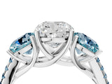 White gold Three-Stone Cushion Cut Diamond Ring with Round with Aquamarine side stone Pavé Band and Prong Setting_16