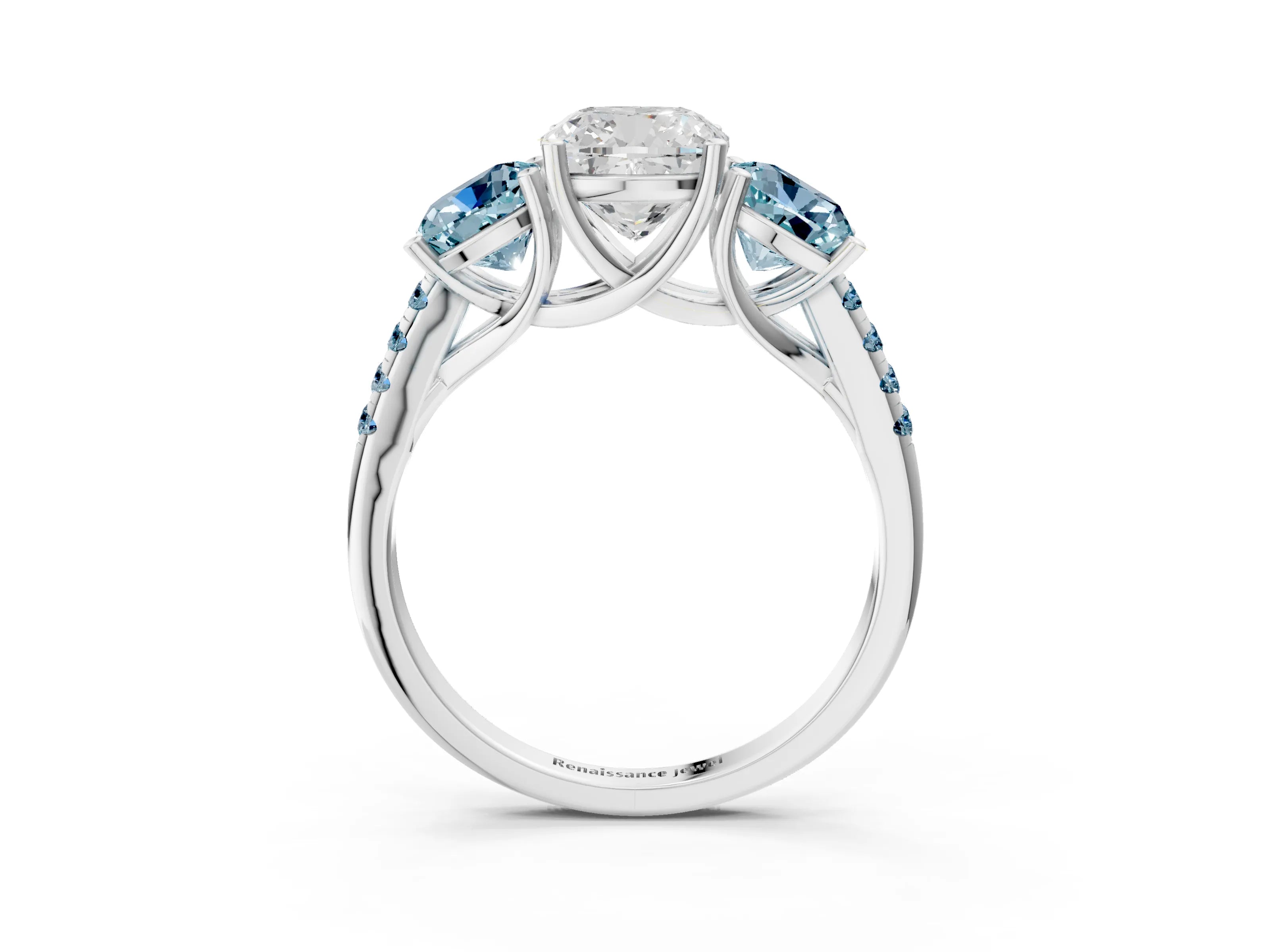 White gold Three-Stone Cushion Cut Diamond Ring with Round with Aquamarine side stone Pavé Band and Prong Setting_3
