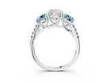 White gold Three-Stone Cushion Cut Diamond Ring with Round with Aquamarine side stone Pavé Band and Prong Setting_3