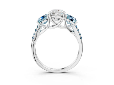 White gold Three-Stone Cushion Cut Diamond Ring with Round with Aquamarine side stone Pavé Band and Prong Setting_3