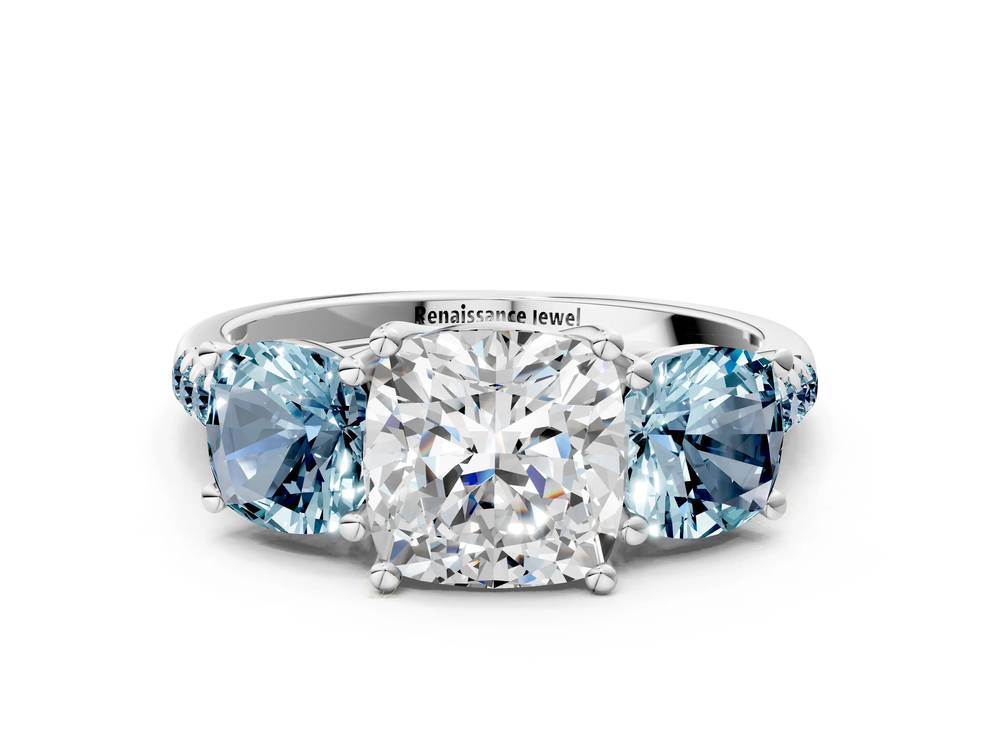 White gold Three-Stone Cushion Cut Diamond Ring with Round with Aquamarine side stone Pavé Band and Prong Setting
