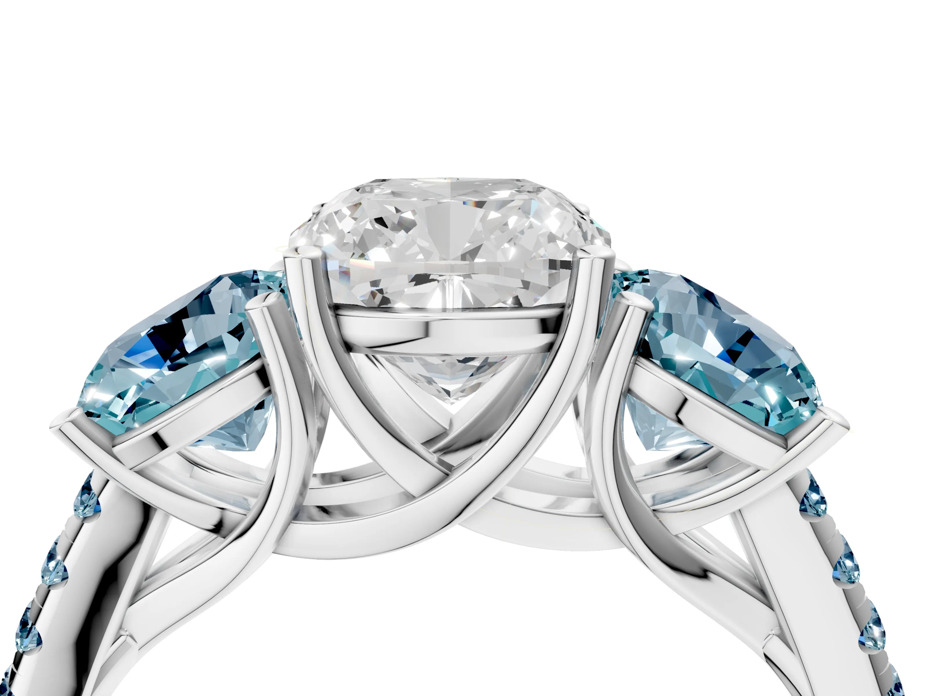 White gold Three-Stone Cushion Cut Diamond Ring with Round with Aquamarine side stone Pavé Band and Prong Setting_4