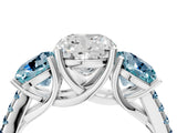 White gold Three-Stone Cushion Cut Diamond Ring with Round with Aquamarine side stone Pavé Band and Prong Setting_4