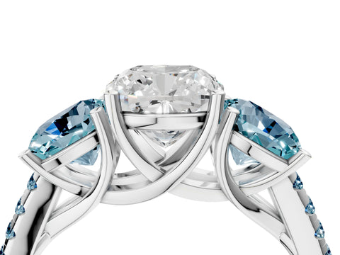 White gold Three-Stone Cushion Cut Diamond Ring with Round with Aquamarine side stone Pavé Band and Prong Setting_4