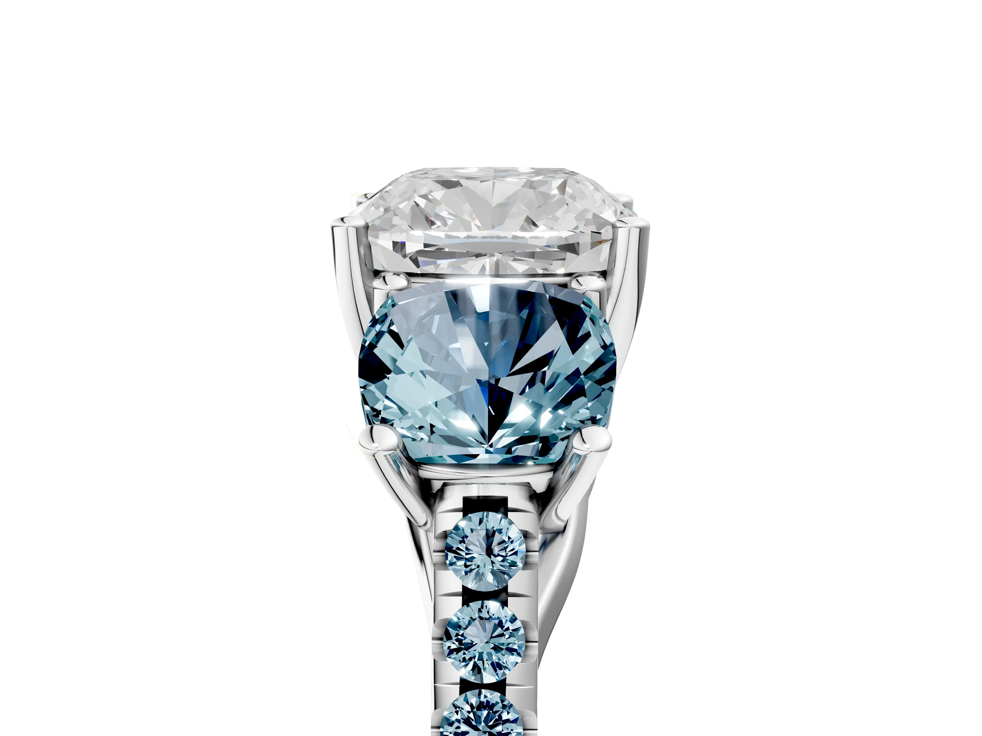 White gold Three-Stone Cushion Cut Diamond Ring with Round with Aquamarine side stone Pavé Band and Prong Setting_5