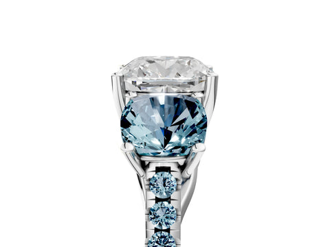 White gold Three-Stone Cushion Cut Diamond Ring with Round with Aquamarine side stone Pavé Band and Prong Setting_5