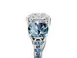 White gold Three-Stone Cushion Cut Diamond Ring with Round with Aquamarine side stone Pavé Band and Prong Setting_5