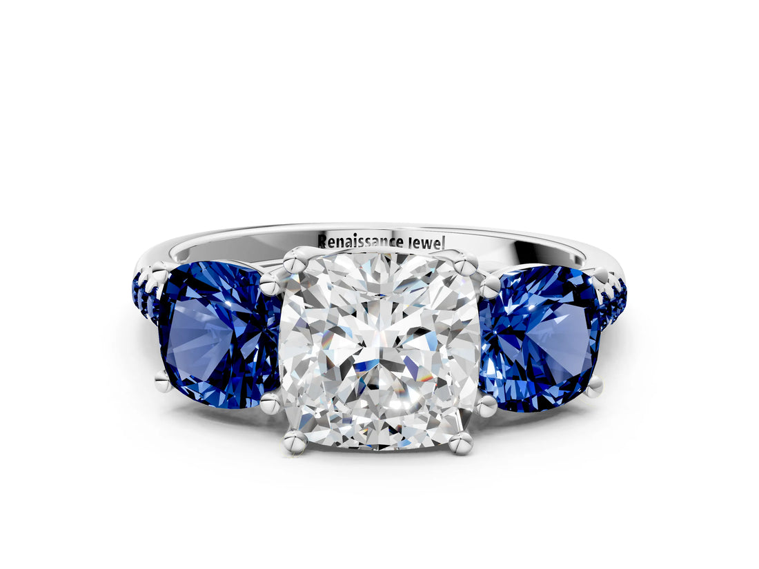White gold Three-Stone Cushion Cut Diamond Ring with Round with Blue Sapphire side stone Pavé Band and Prong Setting_12