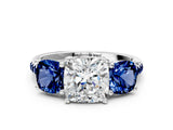White gold Three-Stone Cushion Cut Diamond Ring with Round with Blue Sapphire side stone Pavé Band and Prong Setting_12