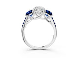 White gold Three-Stone Cushion Cut Diamond Ring with Round with Blue Sapphire side stone Pavé Band and Prong Setting_15